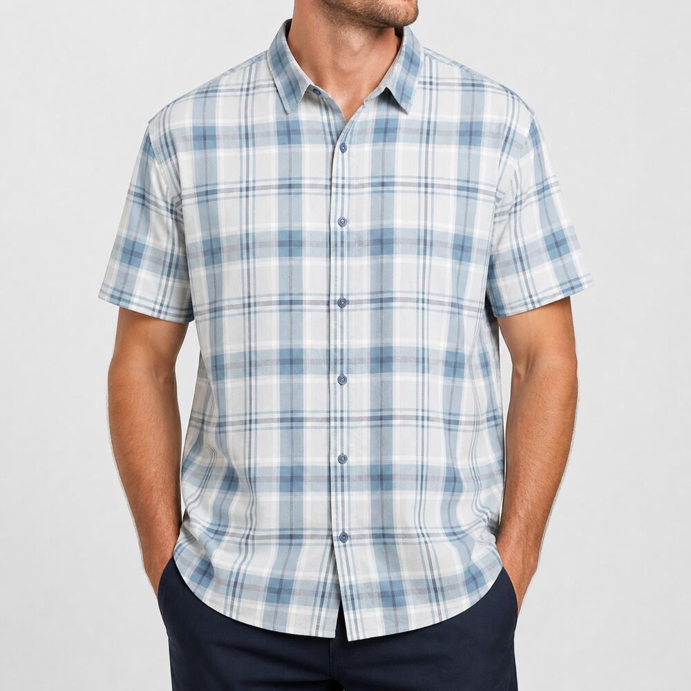 Vince Shirt Mens 2XL Blue White Plaid Button Up Short Sleeve Classic Fit Summer
